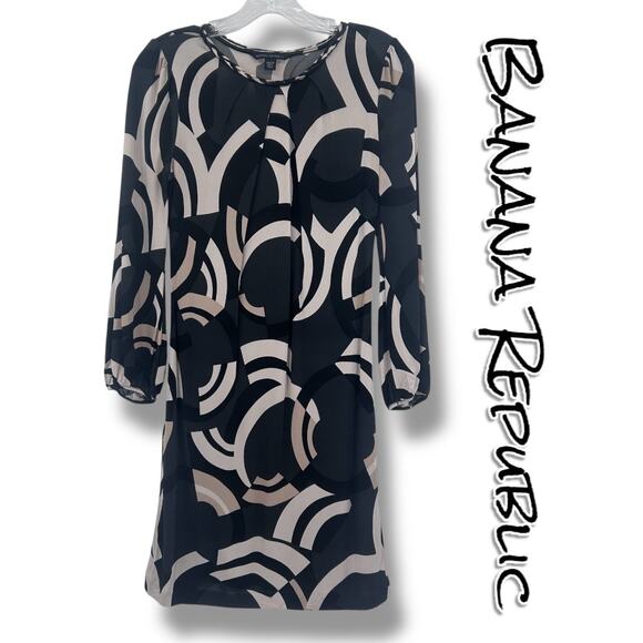 Banana Republic Fiona Geometric Silk Shift Dress Black Neutral Women’s Size XS - Picture 1 of 12